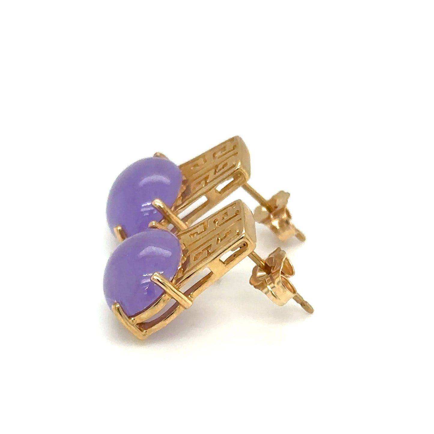 Circa 1960s Purple Jade Greek Key Style Earrings in 14K Gold