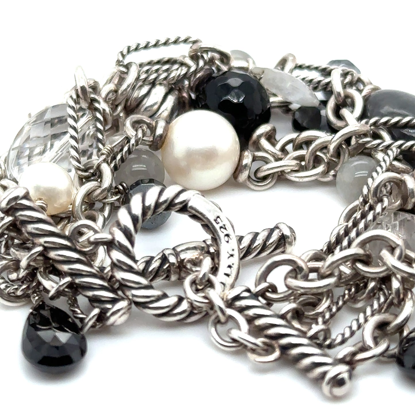 DAVID YURMAN Multi Strand Quartz, Onyx and Pearl Bracelet in Sterling Silver