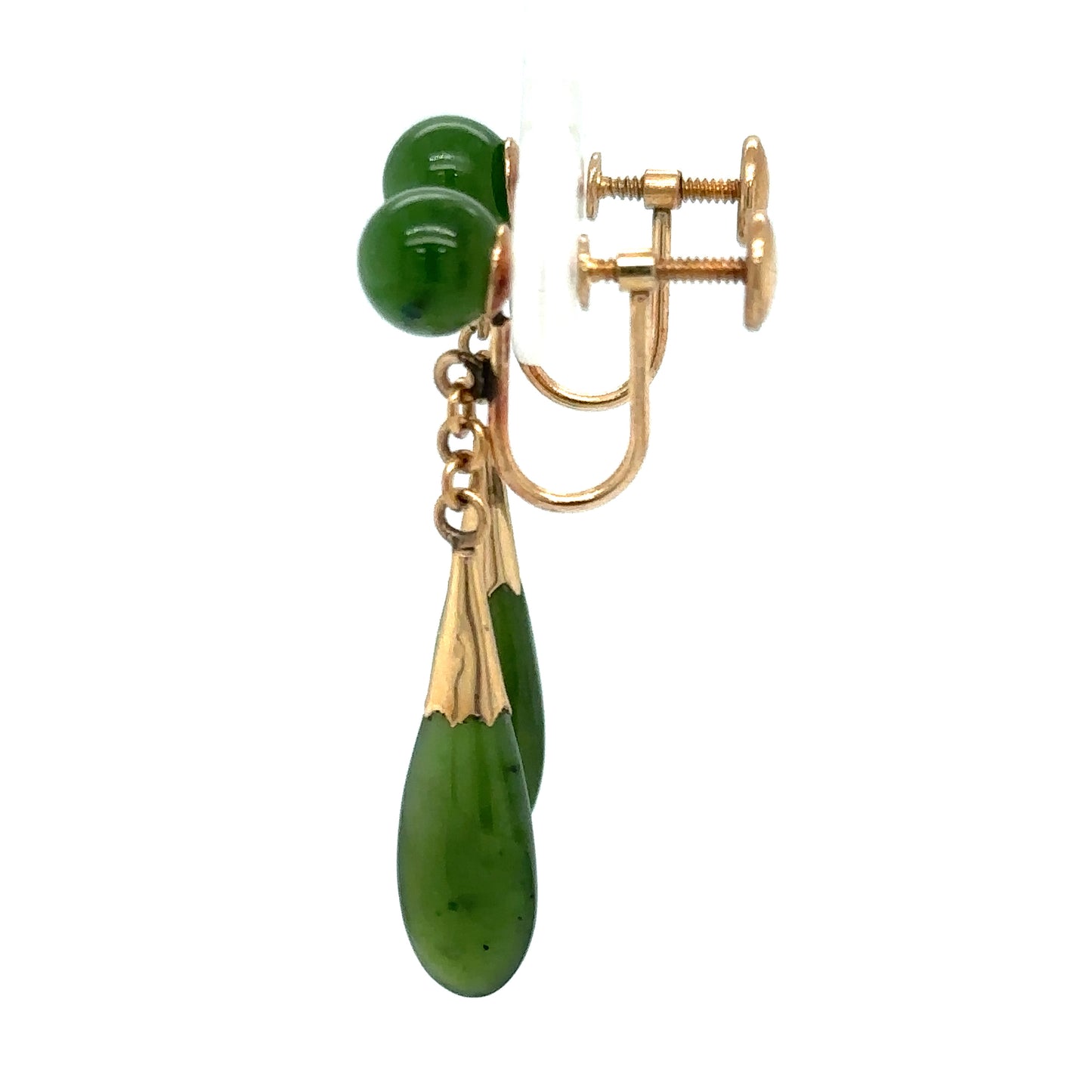 Circa 1960s Green Jade Dangle Screw Back Earrings in 14K Gold