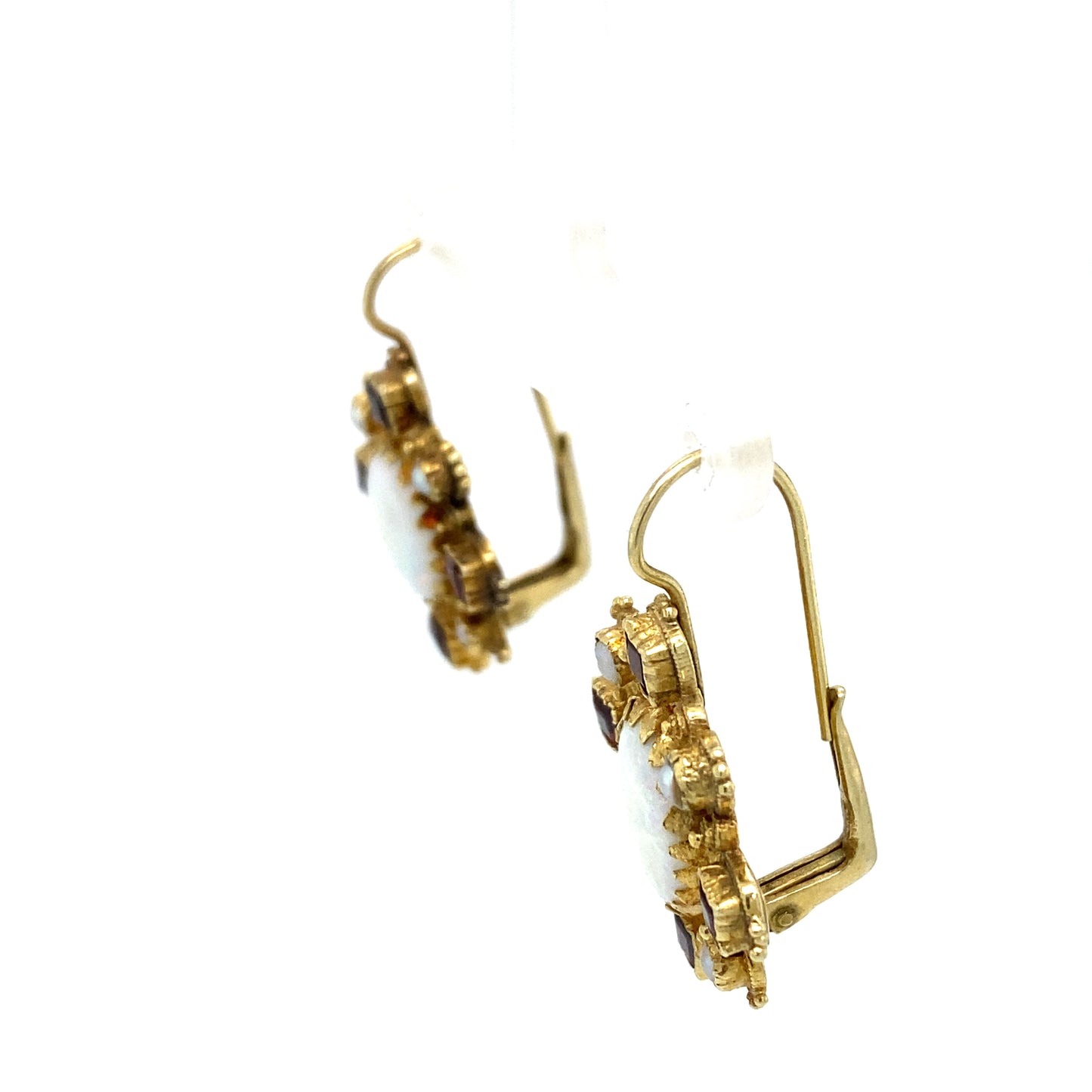 Circa 1960s Garnet, Opal and Pearl Dangle Earrings in 14K Gold