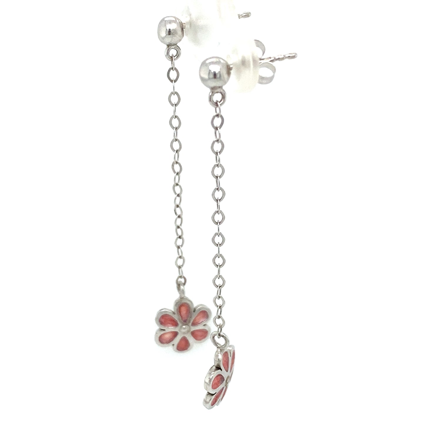 Circa 1990s Pink Enamel Flower Drop Earrings in 14K White Gold