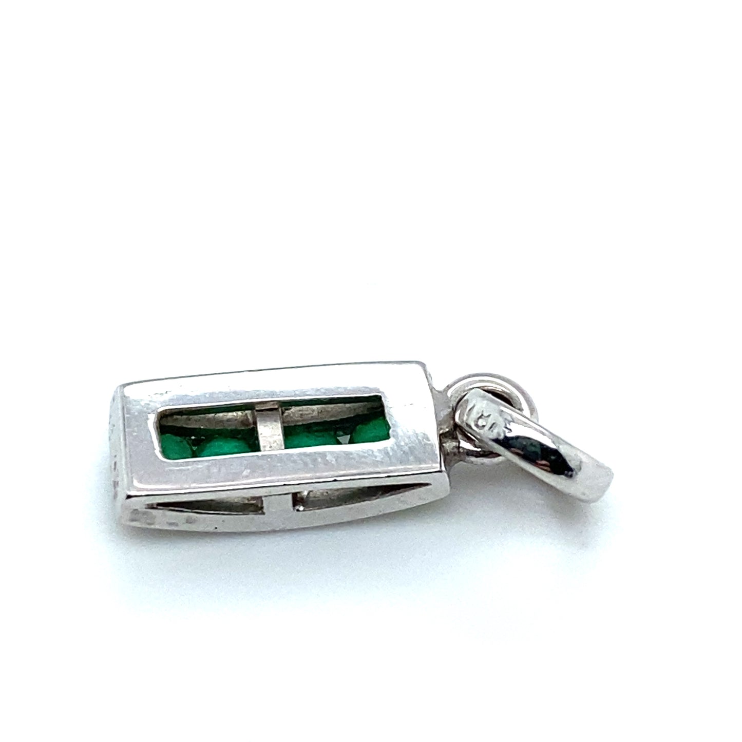 Circa 2000s Round Emerald Bar Pendant in 18K White Gold