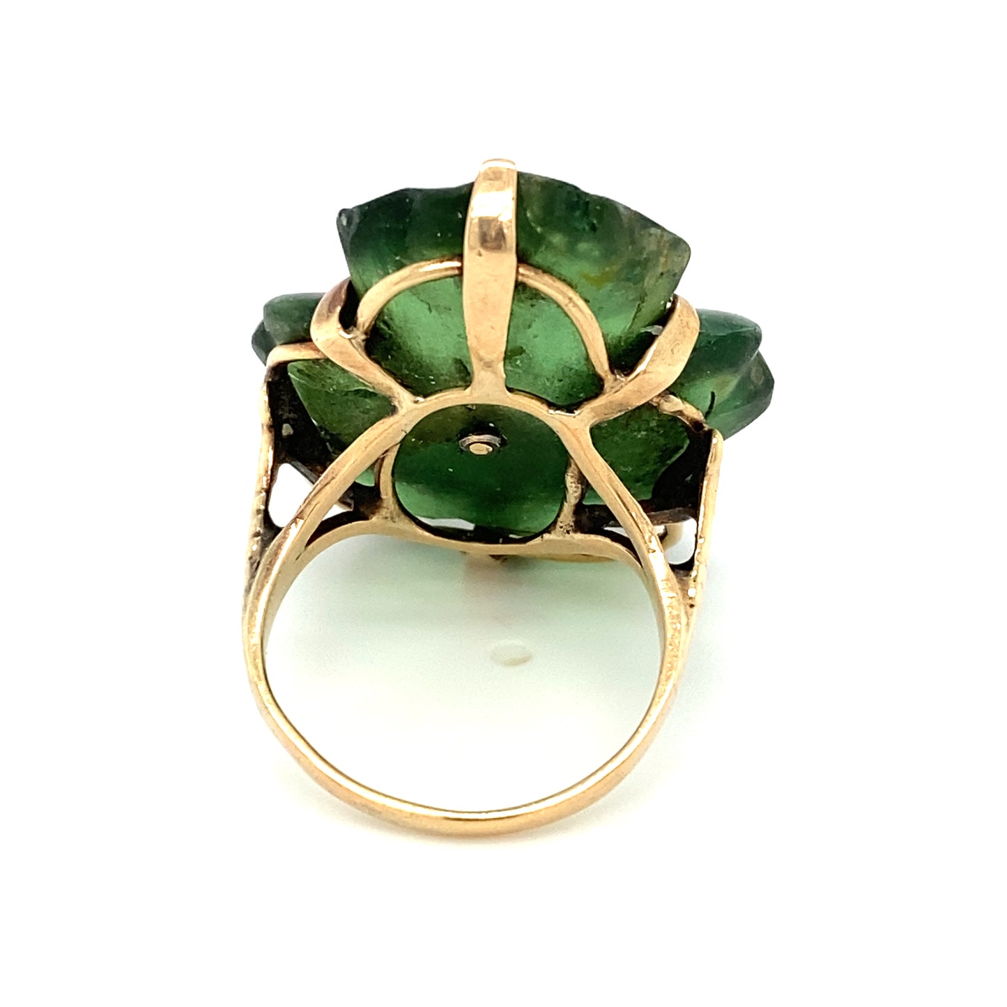 Circa 1930s Carved Tourmaline and Pearl Cocktail Ring in 14K Gold
