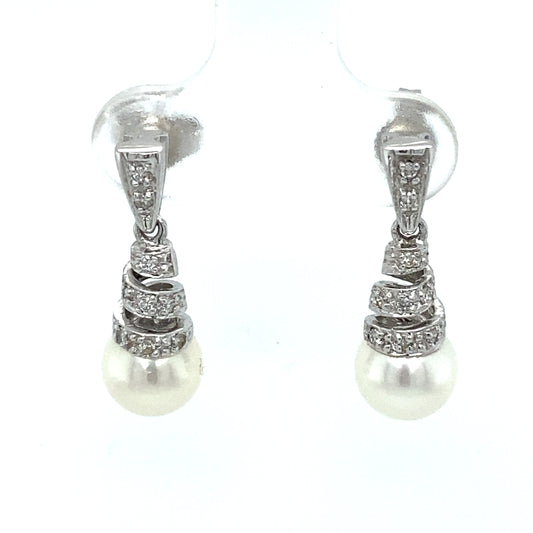 Circa 1990s Diamond and Pearl Spiral Drop Earrings in 14K White Gold