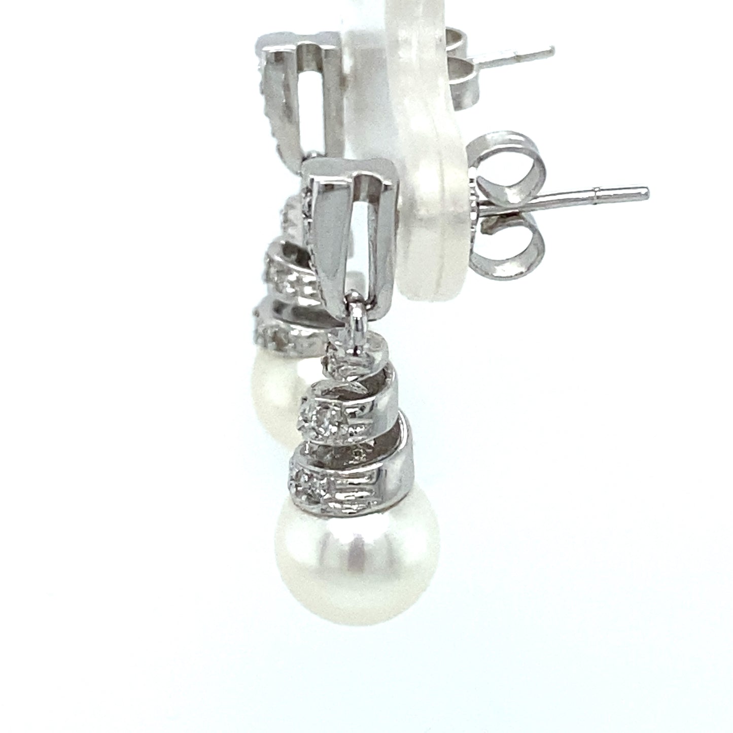 Circa 1990s Diamond and Pearl Spiral Drop Earrings in 14K White Gold