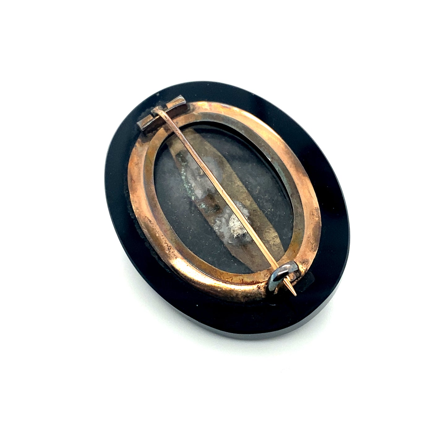 Circa 1880s Victorian Onyx Mourning Brooch with Diamonds in 10K Rose Gold