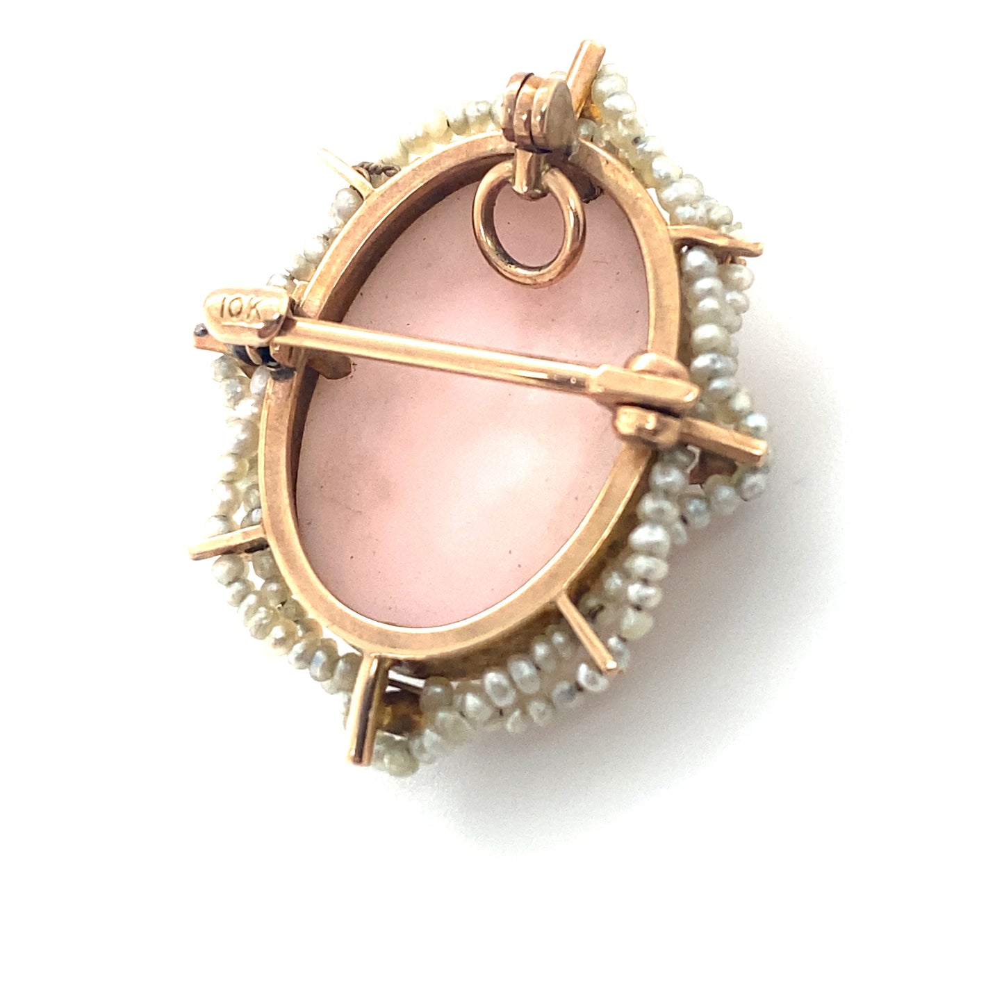 Circa 1910s Edwardian Sapphire and Pearl Cameo Pin in 10K Gold