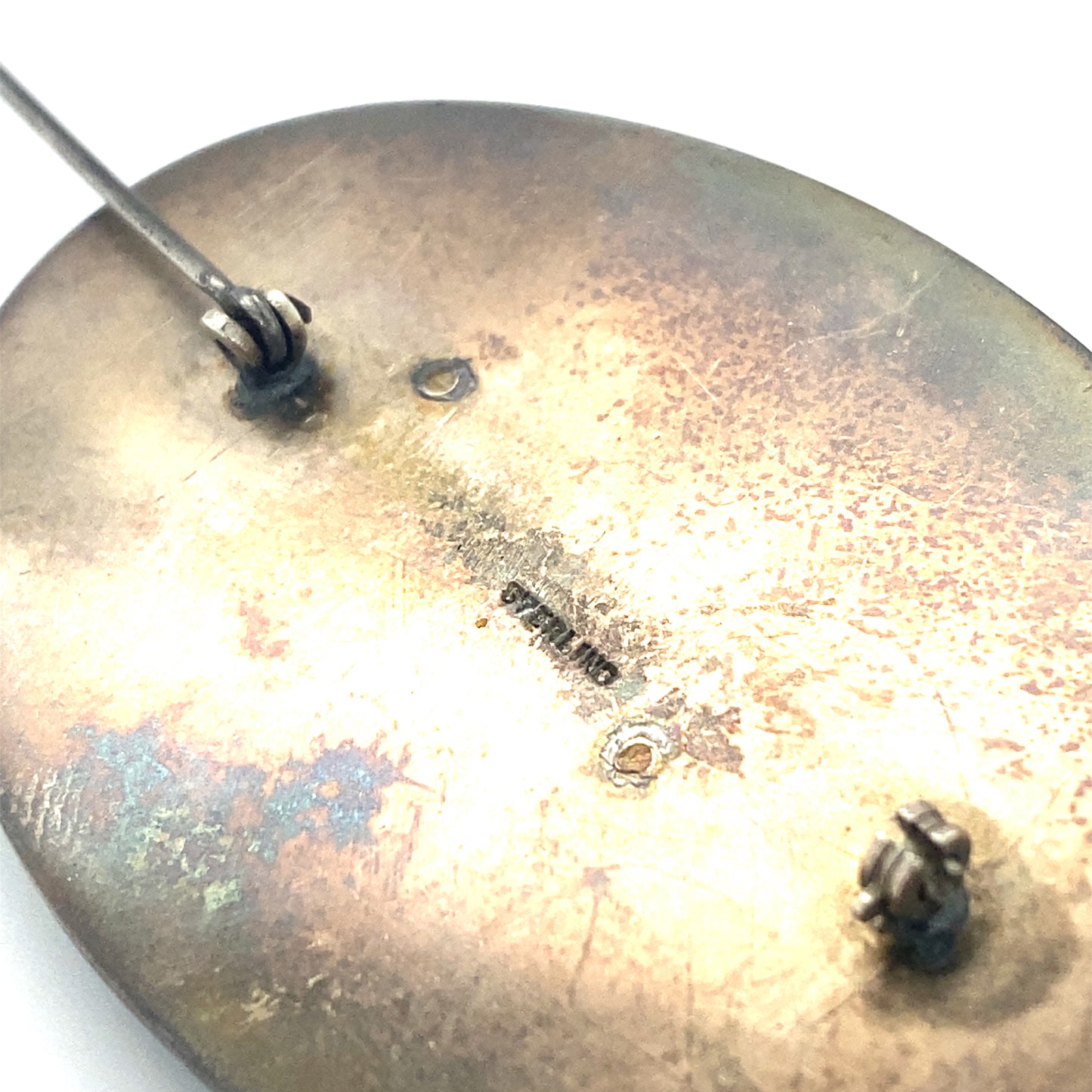 Circa 1950s Jade Carving and Enamel Oval Brooch in Sterling Silver