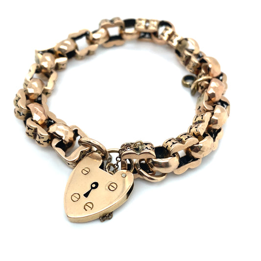 Edwardian Link Charm Bracelet with Heart Lock Charm in 9K Rose Gold