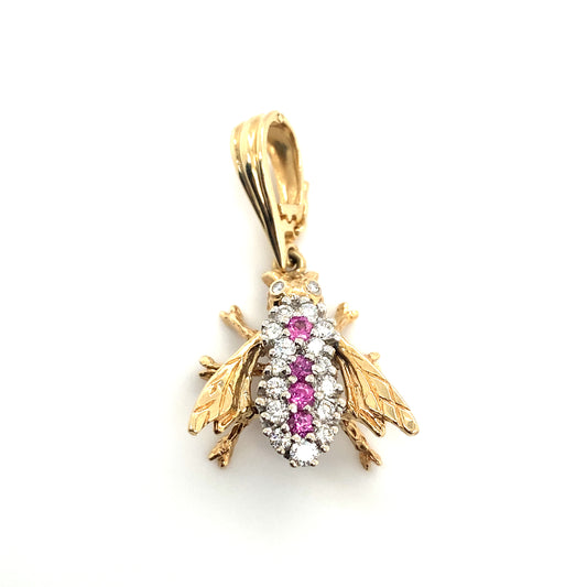 Circa 1980s Ruby and Diamond Bee Pendant in 14K White/Yellow Gold