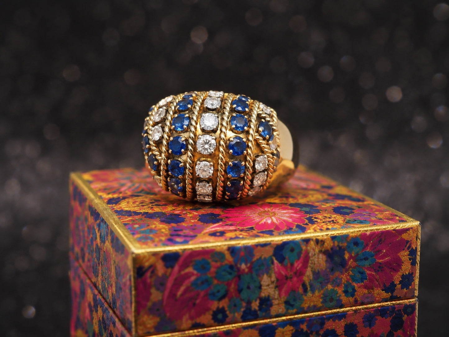 Estate Vintage 18K Yellow Gold Sapphire & Diamond Bombe Ring - VHK#564A