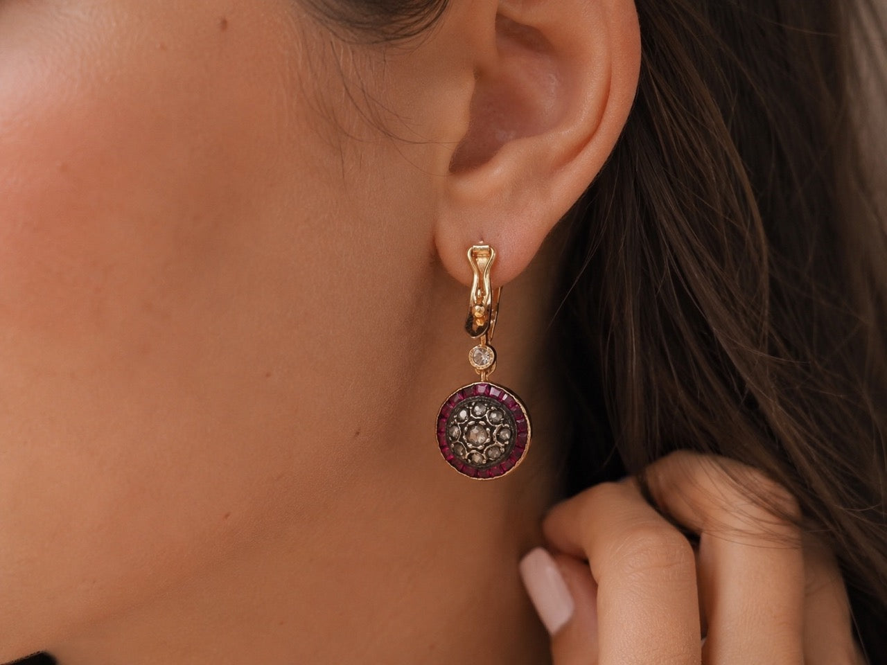 Circa 1930s Art Deco Ruby and Rose Cut Diamond Earrings - VHK#507a