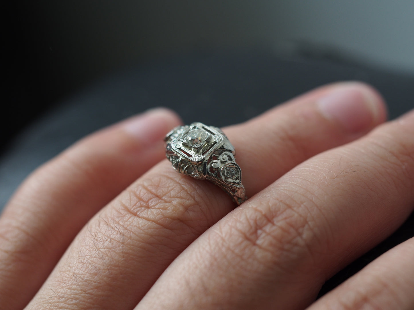 Circa 1930s 18K White Gold Old European Cut Brilliant Diamond Engagement Ring