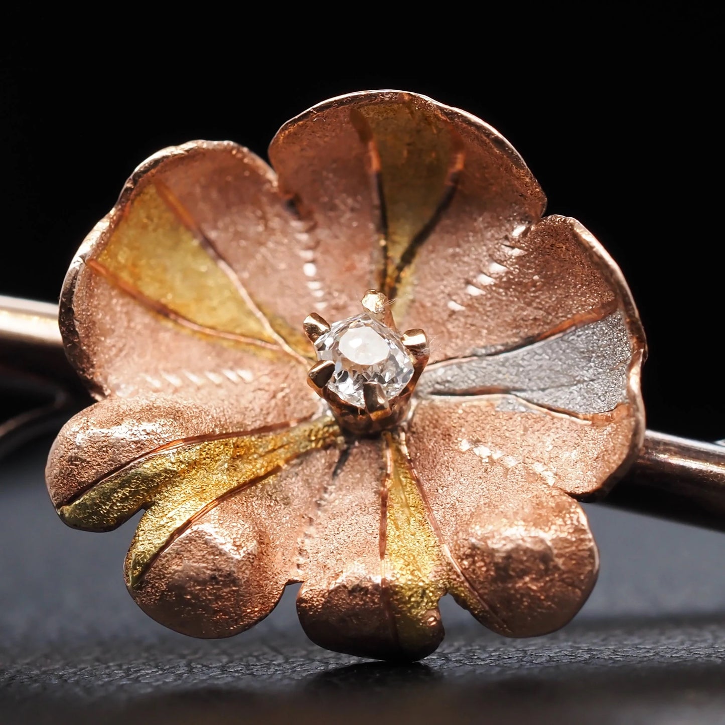 Circa 1900s Multi Tone Gold and Old Mine Diamond Floral Brooch Pin - VHK#572