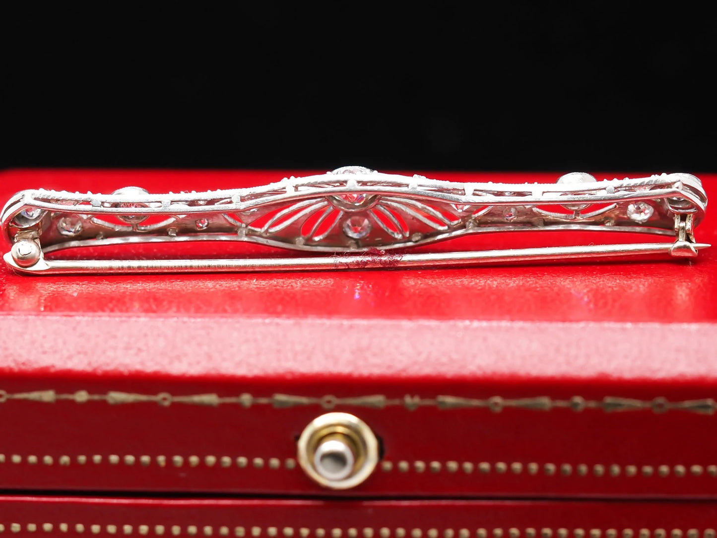 Art Deco Platinum 1.00cttw Old European Diamond Filigree Bar Brooch Pin - VHK#584