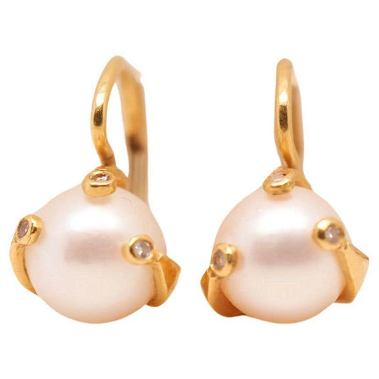 22K Yellow Gold Pearl and Diamond Claw Wrap Earrings
