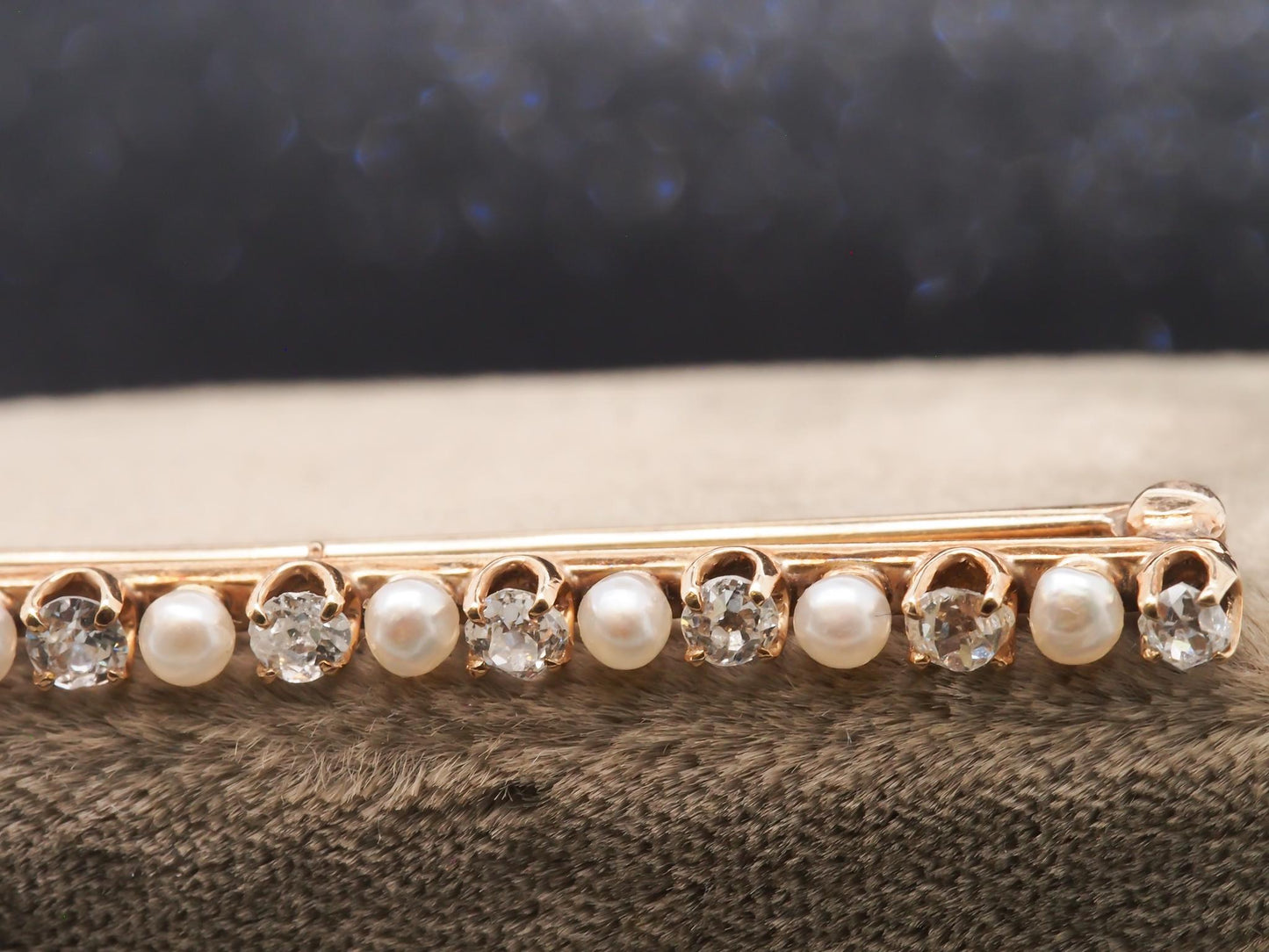 Circa 1900s 14K Yellow Gold Pearl & Old Miner Diamond Bar Pin - VHK#103
