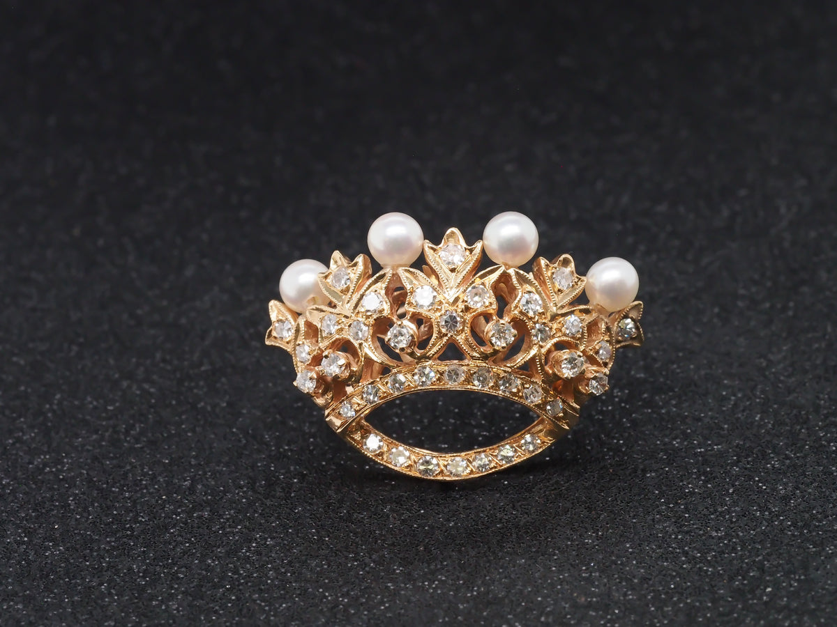 1950s 18k Yellow Gold Crown Diamond and Pearl Brooch - VHK#216