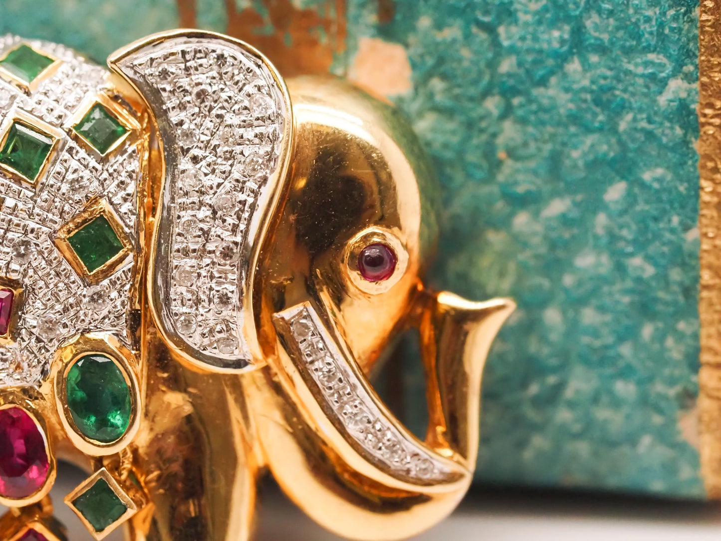 18K Yellow Gold Ruby Sapphire Emerald and Diamond Elephant Brooch and Pendant