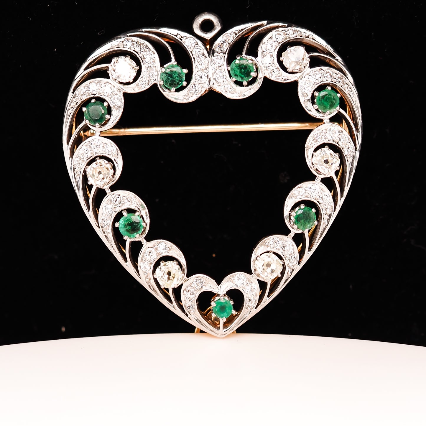 18K Gold and Platinum Top Edwardian Emerald and Old Mine Cut Diamond Pendant with Brooch Attachment