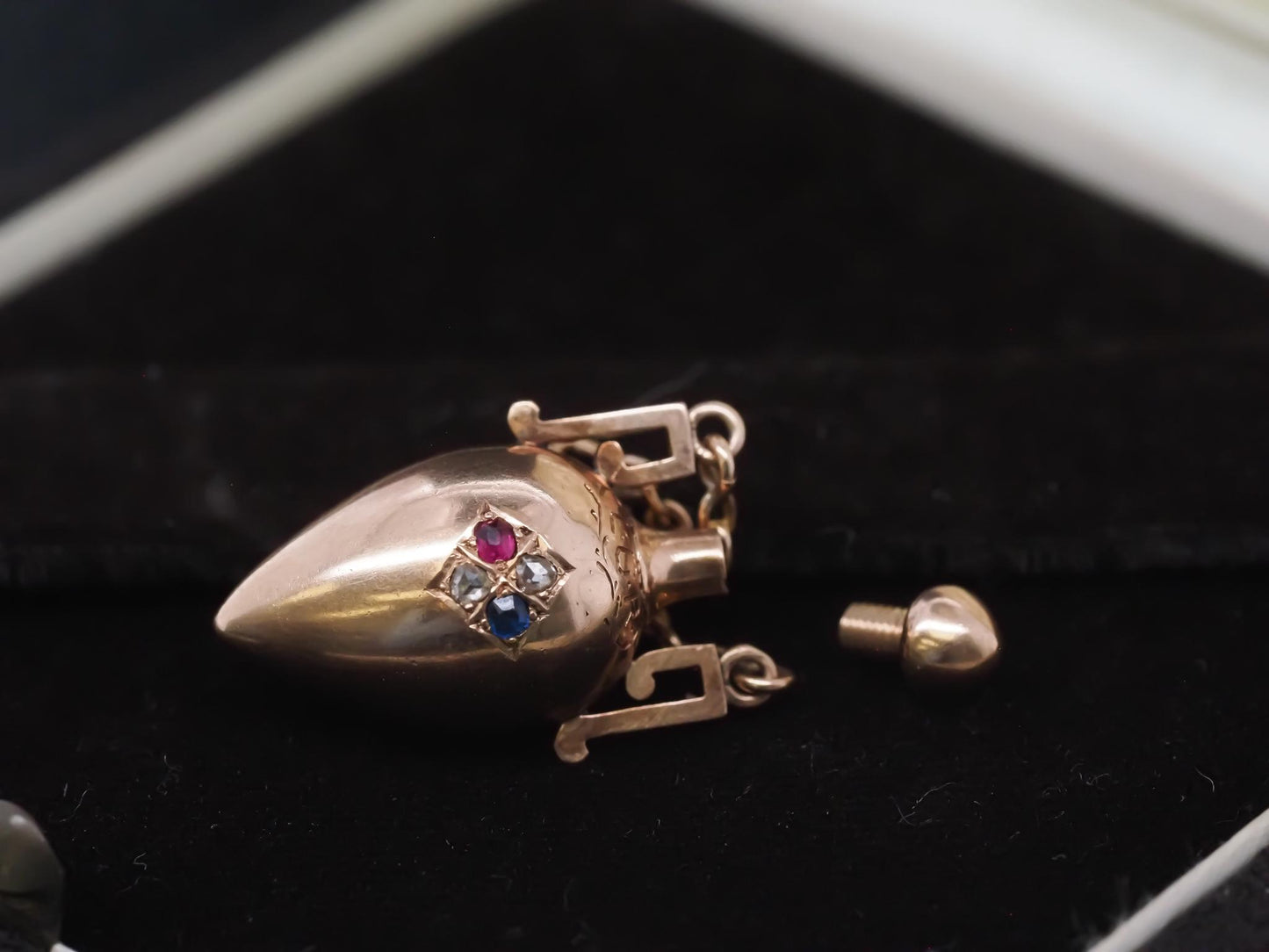 Victorian 14K Gold Sapphire Diamond and Ruby Perfume Flask Screw Top Pendant