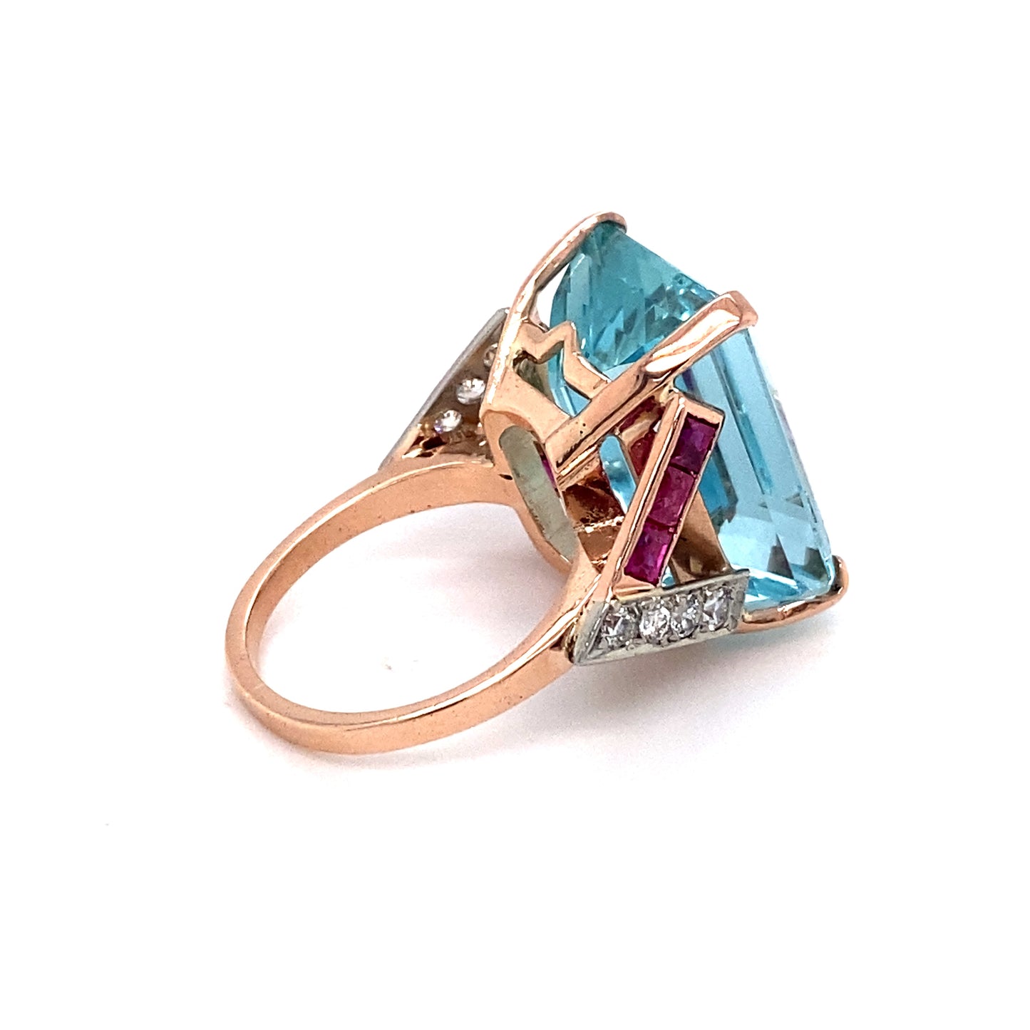 1940s 14K Rose Gold Aquamarine, Ruby and Diamond Ring