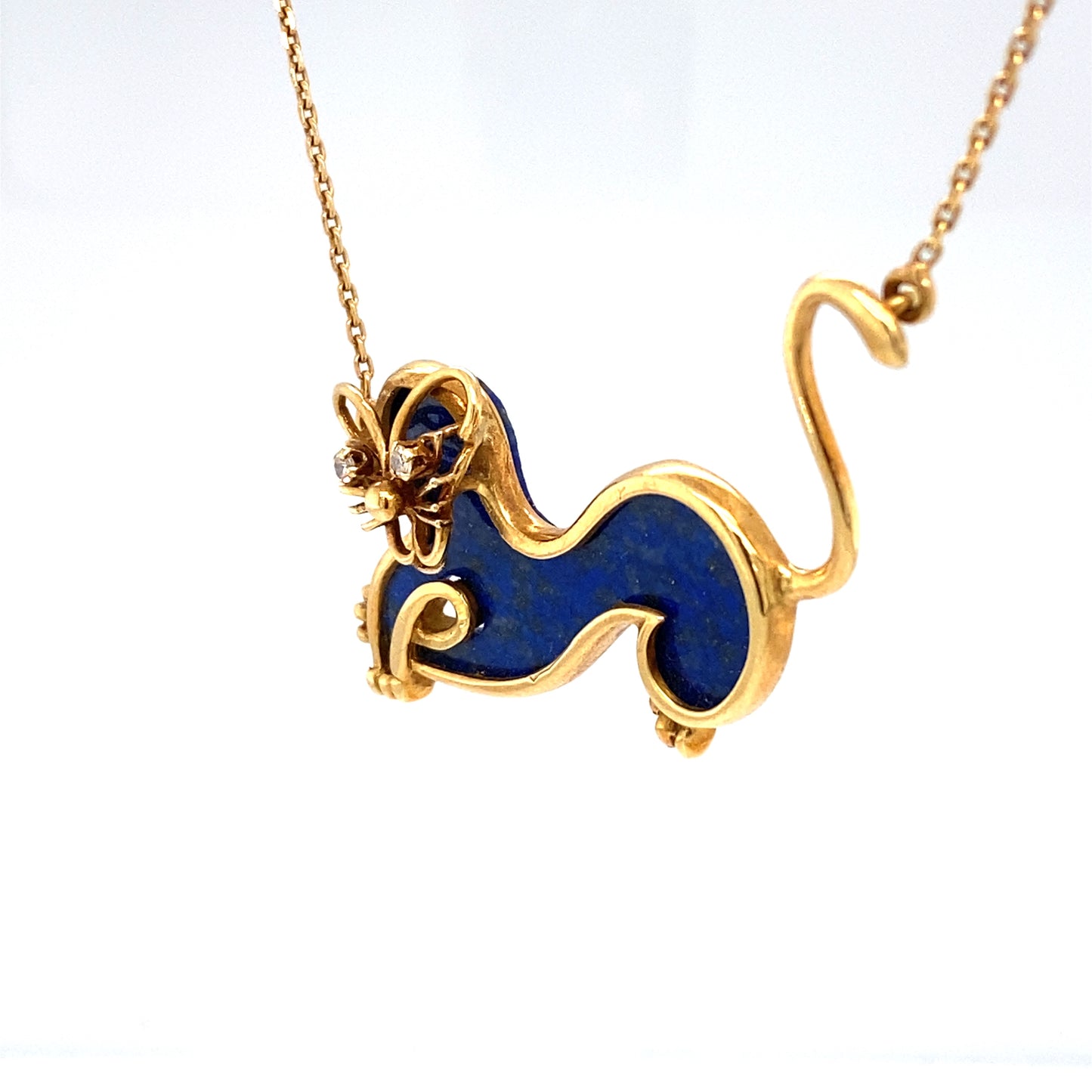 1950s French Lapis Lazuli and Diamond Pussycat Pendant in 18K Gold