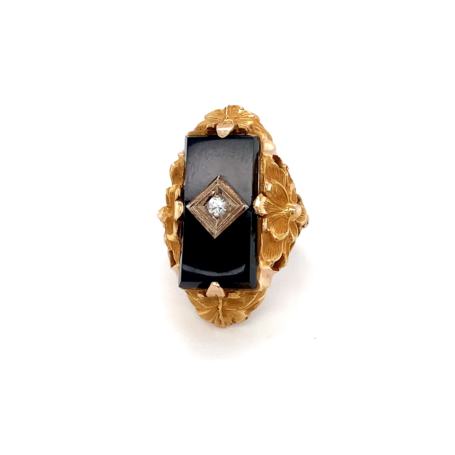 Circa 1920 Art Deco Onyx and Diamond Floral Ring in 14K Gold