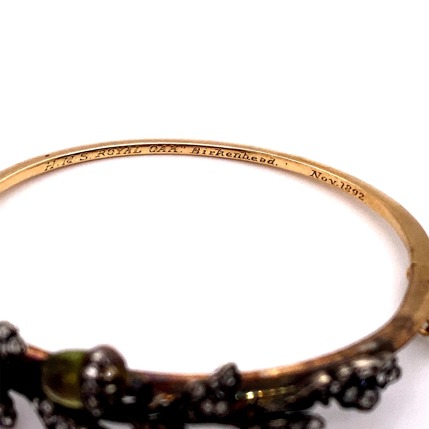 Circa 1892 Victorian "HMS Royal Oak" Bangle Bracelet with Peridot and Diamonds in 18K Gold, GIA Certified