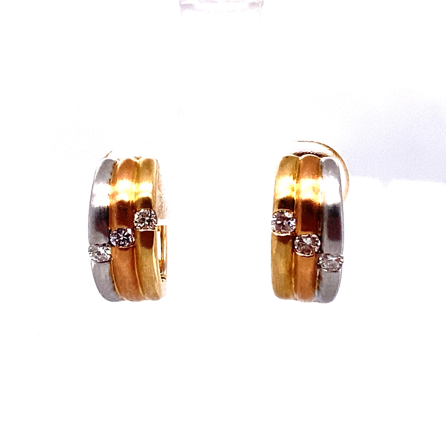 Circa 1980 Diamond Huggie Hoop Earrings in 14K Tricolor Gold