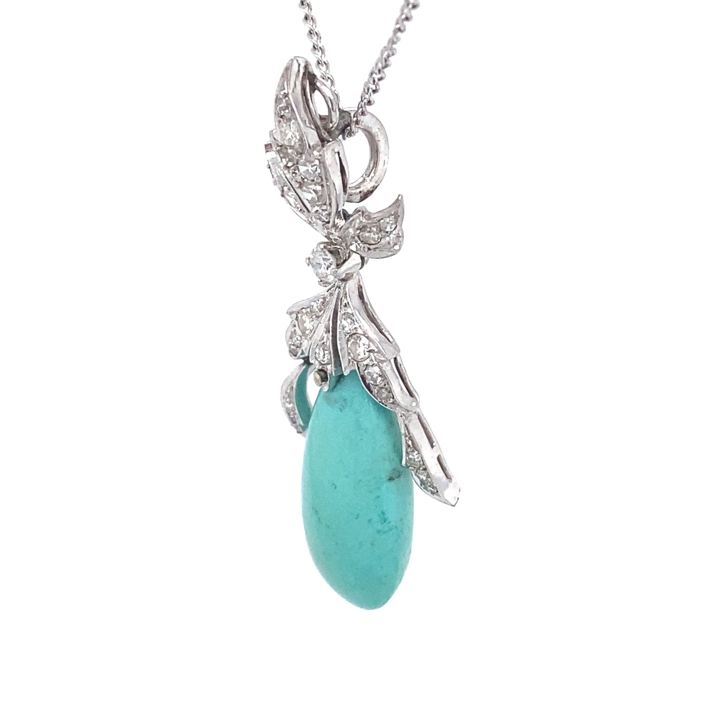 Circa 1940 Turquoise and Diamond Drop Pendant in 18 Karat White Gold