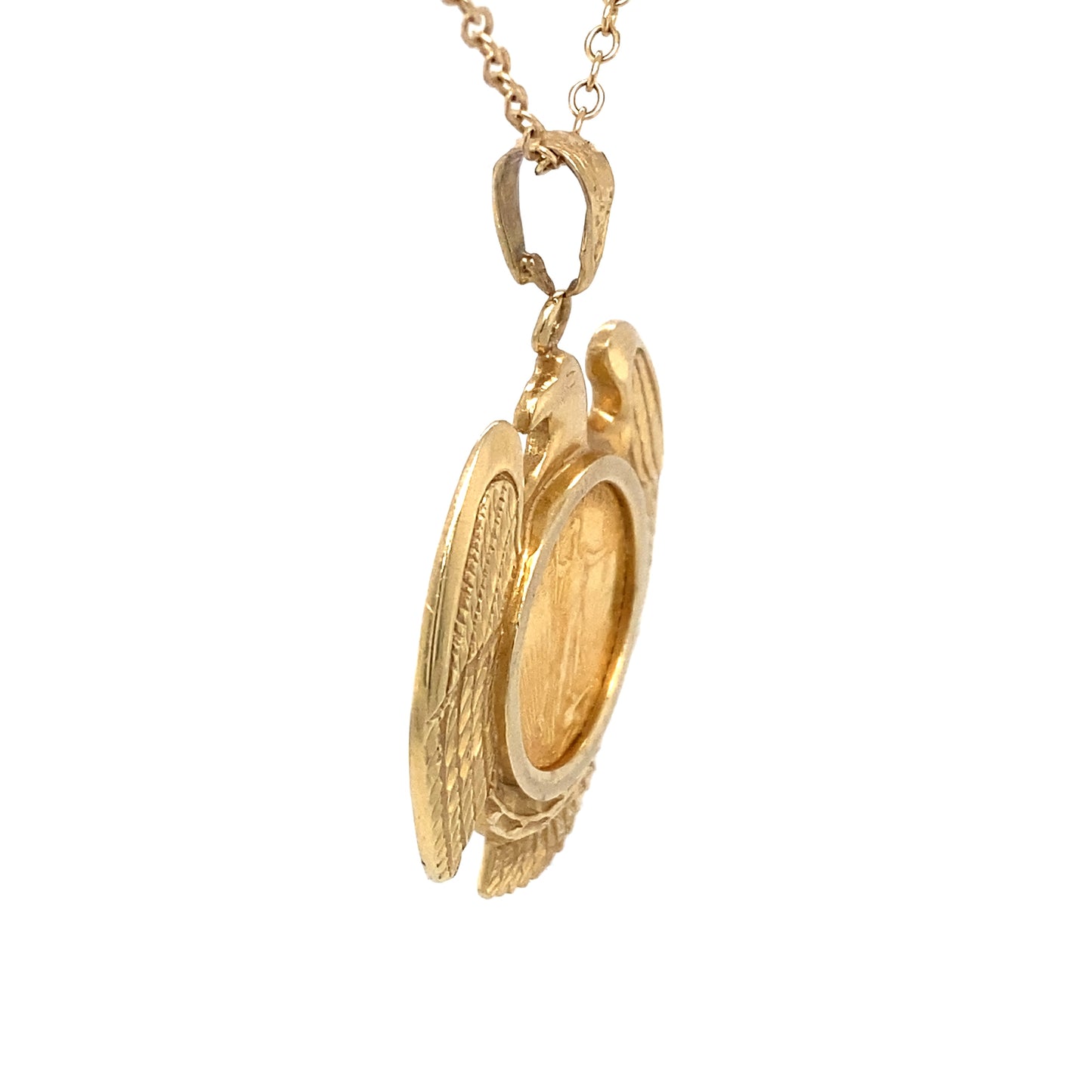 Circa 1980 1/10 Eagle Coin Pendant in 14 Karat Gold Frame