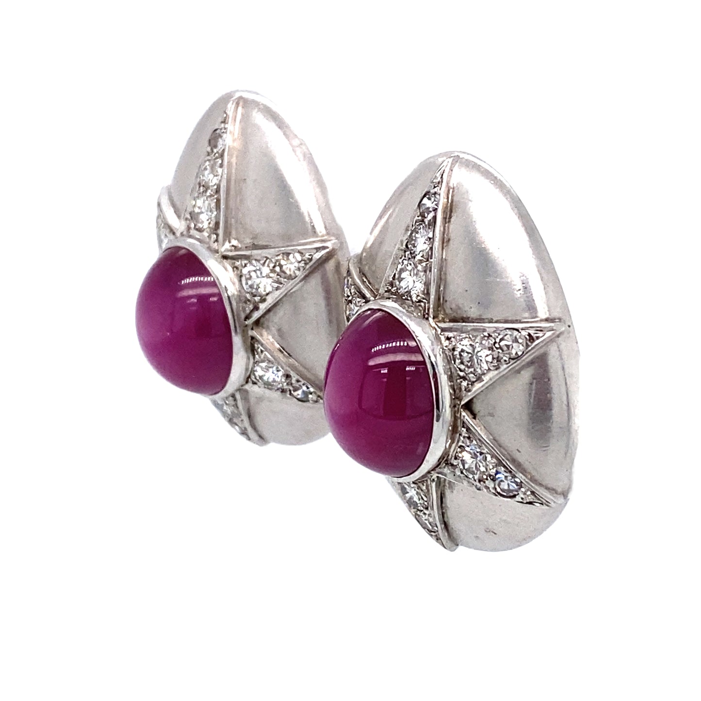 Circa 1950 Star Ruby and Diamond Clip-on Earrings in 14K White Gold and Platinum