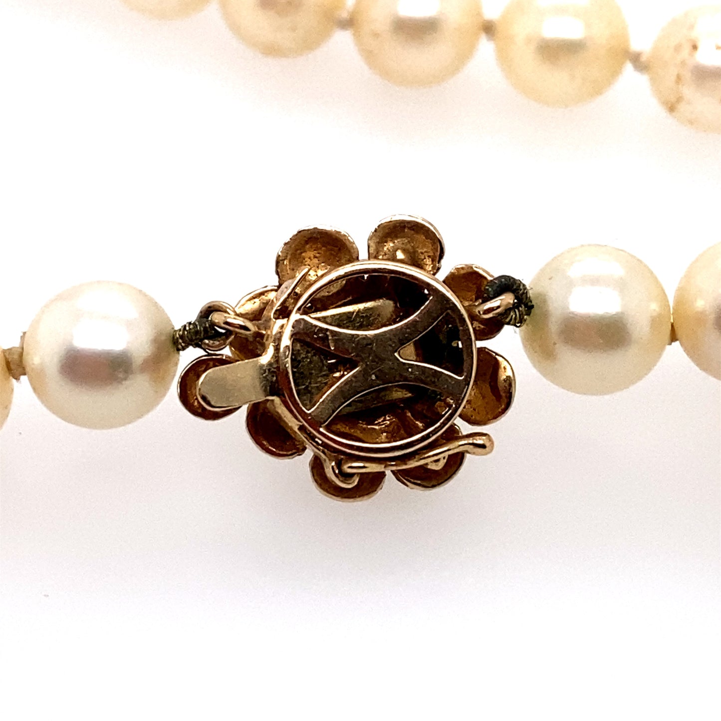Circa 1980 15" 8mm Pearl Strand with Flower Clasp in 14K Gold