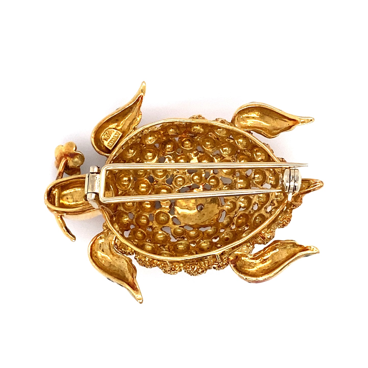 Circa 1970 Multicolored Enamel and Diamond Italian Turtle Brooch in 18K Gold