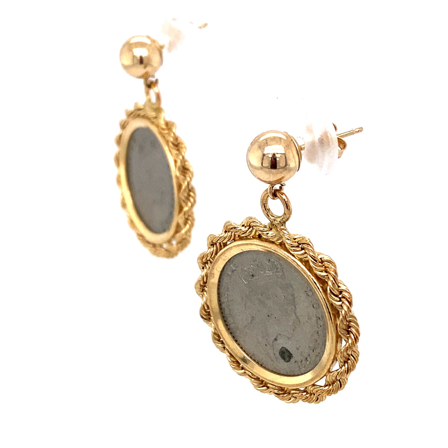 Circa 1990 Five British Pence Coin Earrings with Rope Frames in 14K Gold