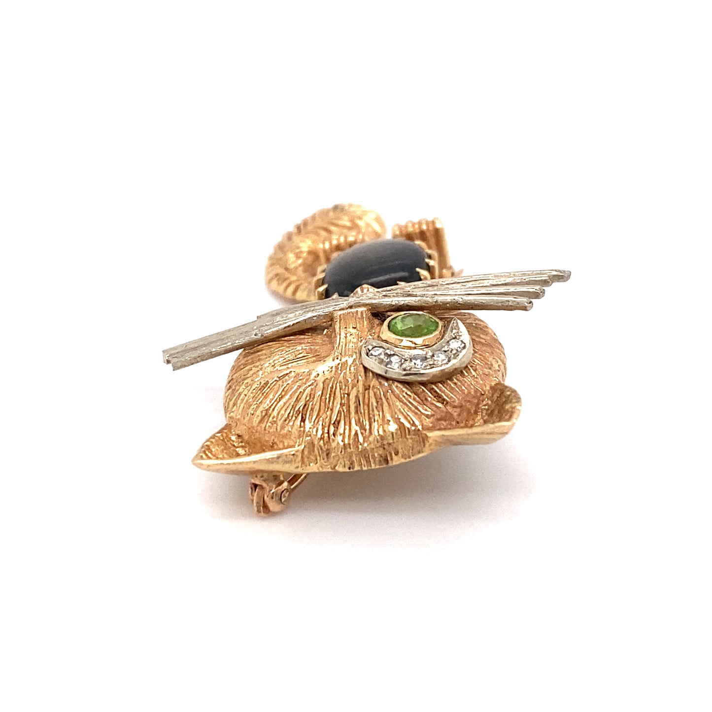 Circa 1960s Star Sapphire, Peridot and Diamond Winking Cat Brooch in 14K Gold