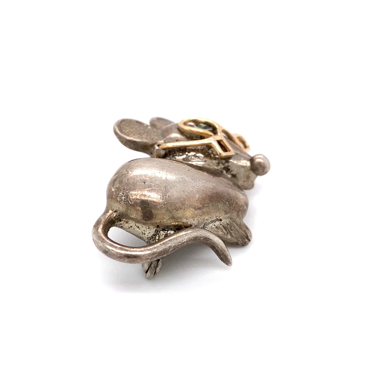Circa 1950s Mouse Brooch with Green Glass Eyes in Sterling Silver and 14K Gold