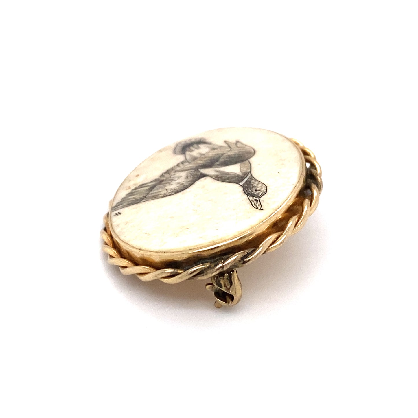 Circa 1950s RONCI Scrimshaw Etching Duck Brooch on Bone in 14K Gold