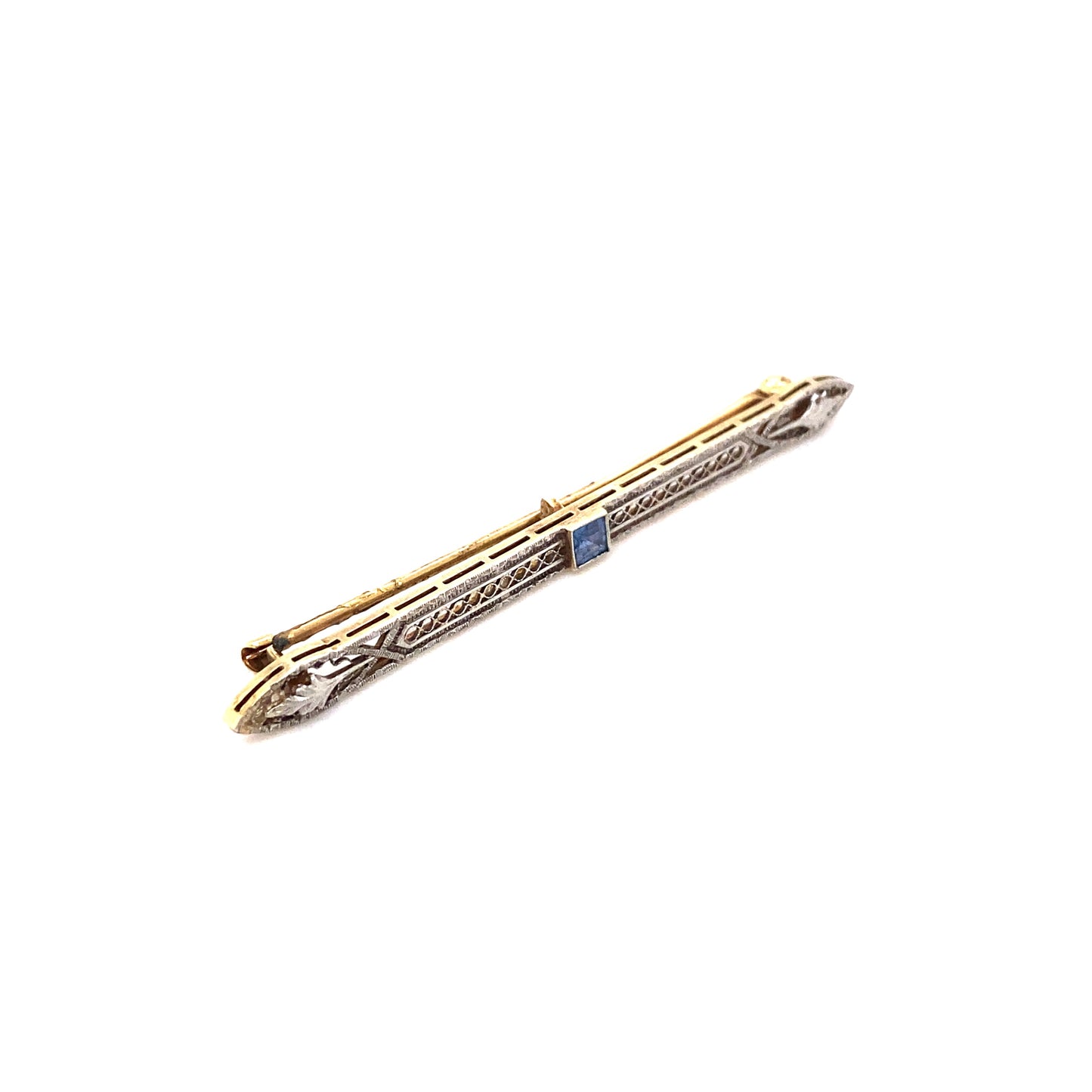 Circa 1920s Art Deco Filigree Sapphire Bar Pin in 14K Gold and Platinum