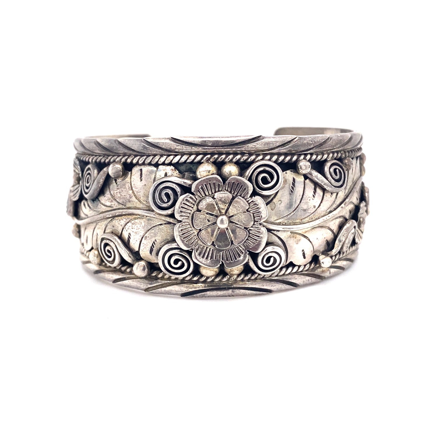 Circa 1970s Flower Design Cuff Bracelet in Sterling Silver Marked Parlos