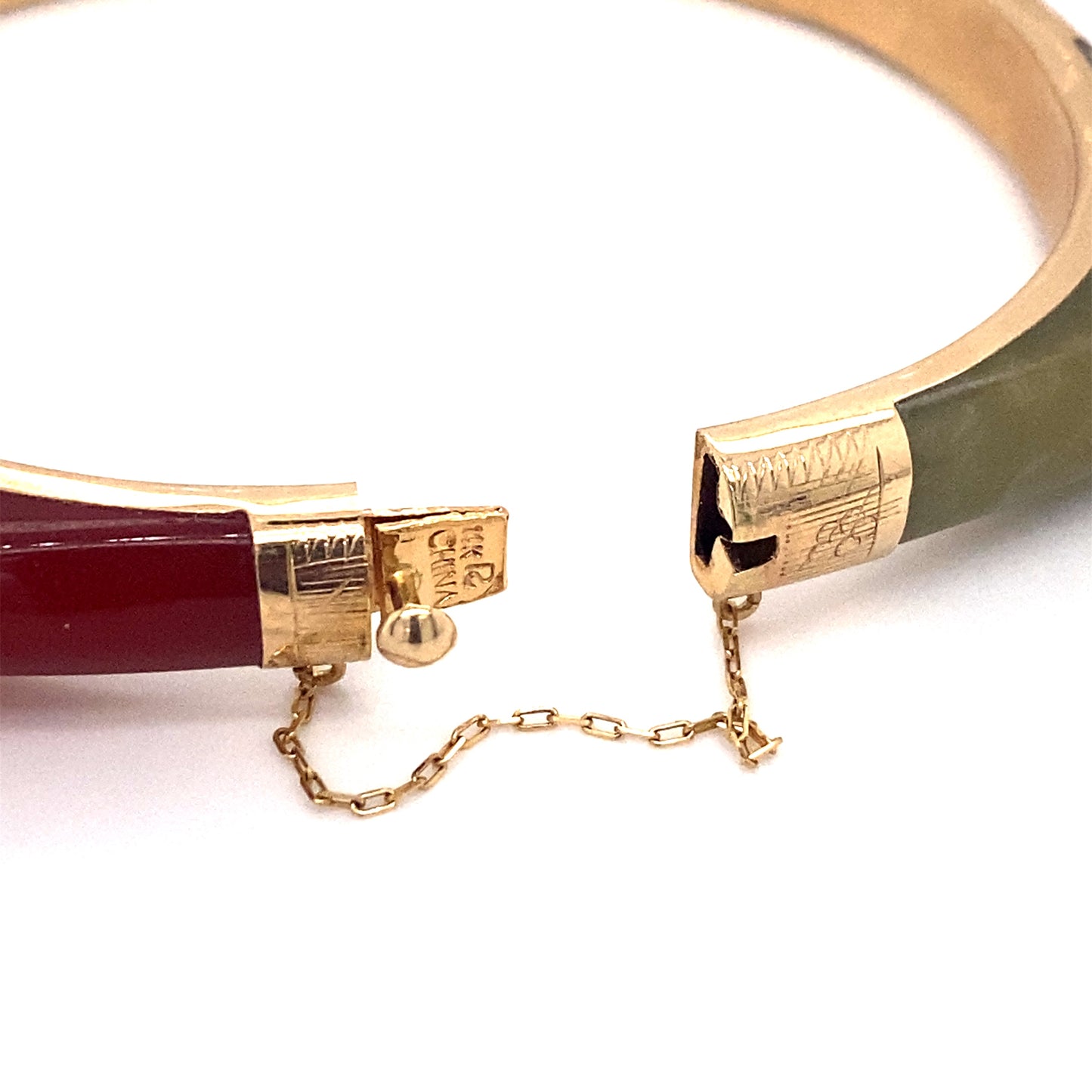 Circa 1980s Geometric Dyed Jade and Quartz Hinged Bangle in 14K Gold