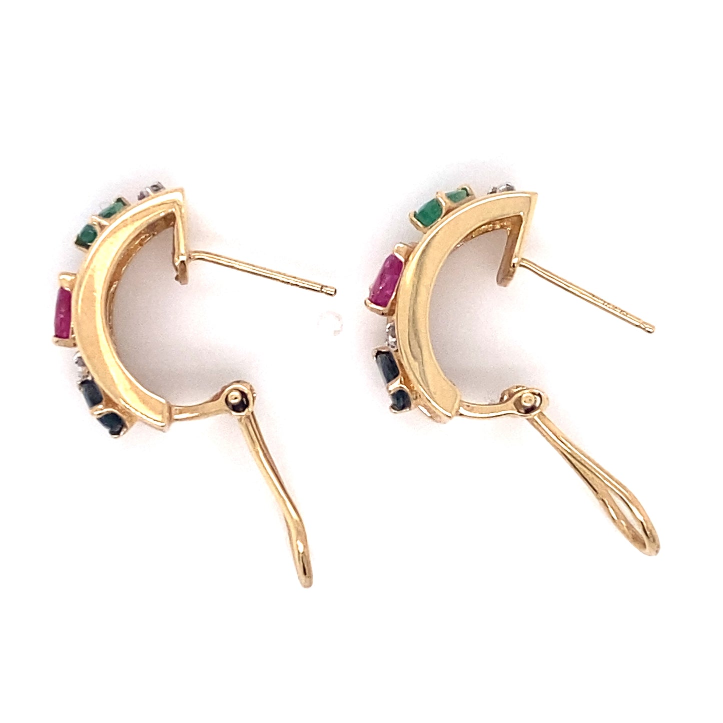 Circa 1970s Tutti Frutti Sapphire, Ruby, Emerald and Diamond Half Hoop Earrings