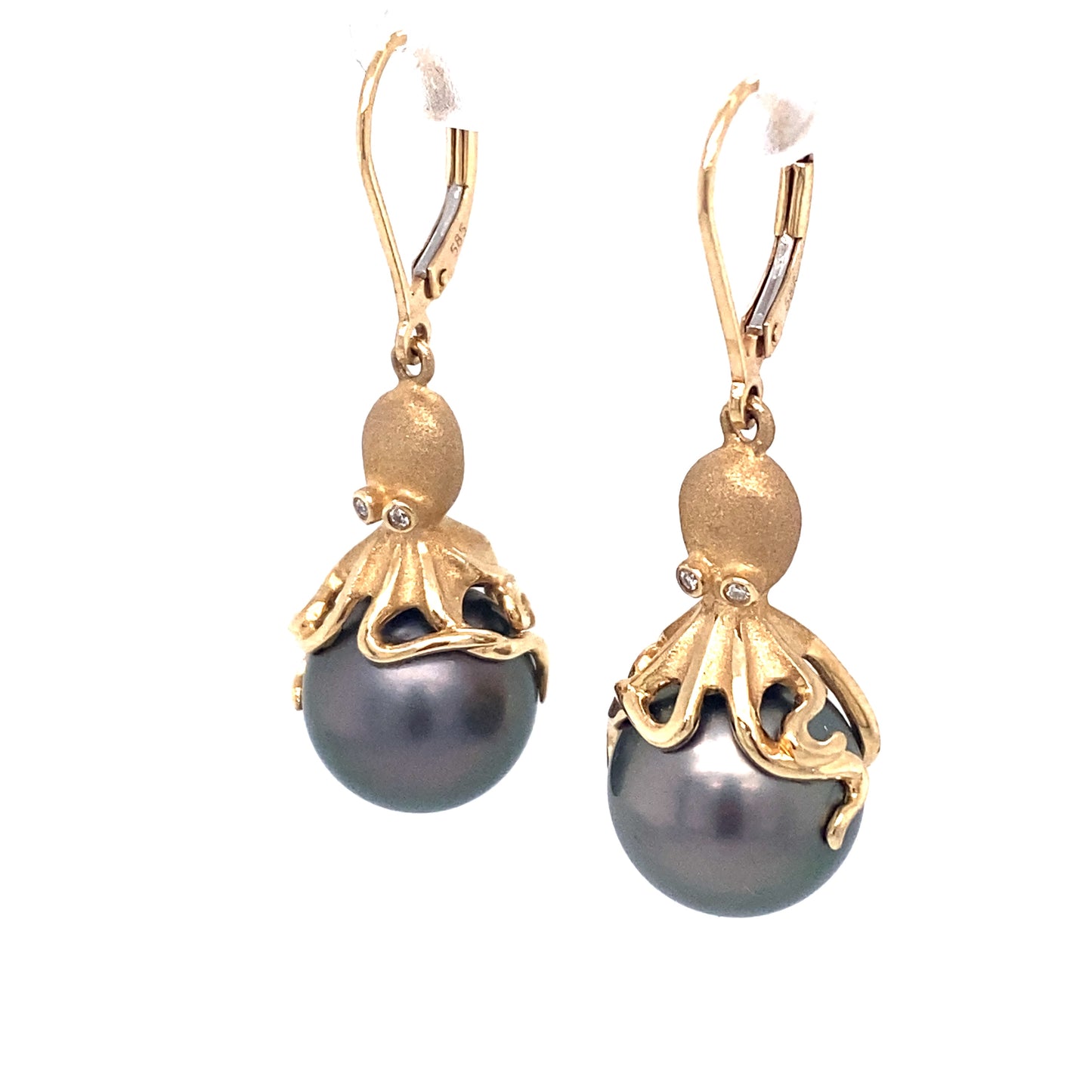 Circa 1990s Octopus Motif Tahitian Pearl Earrings with Diamonds in 14K Gold