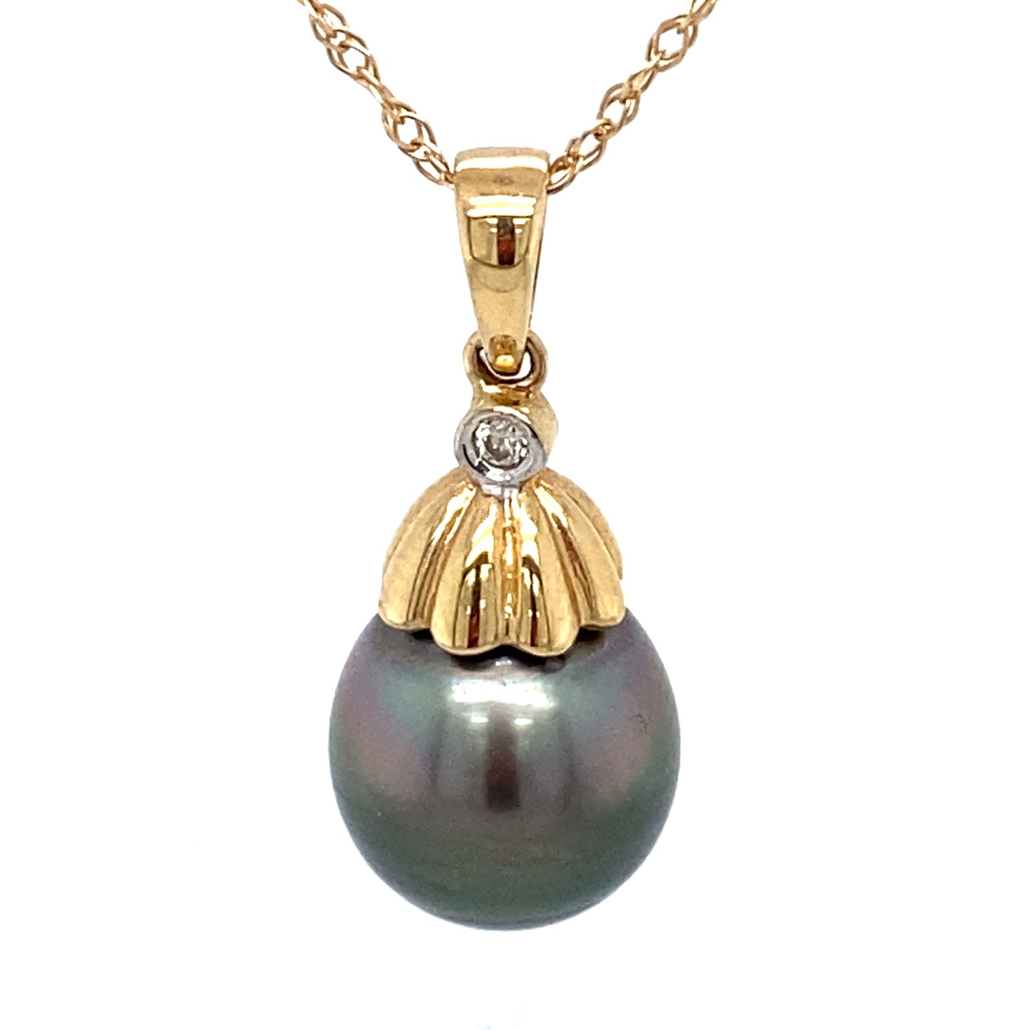 Circa 1960s 10mm Tahitian Pearl and Diamond Pendant in 14K Gold