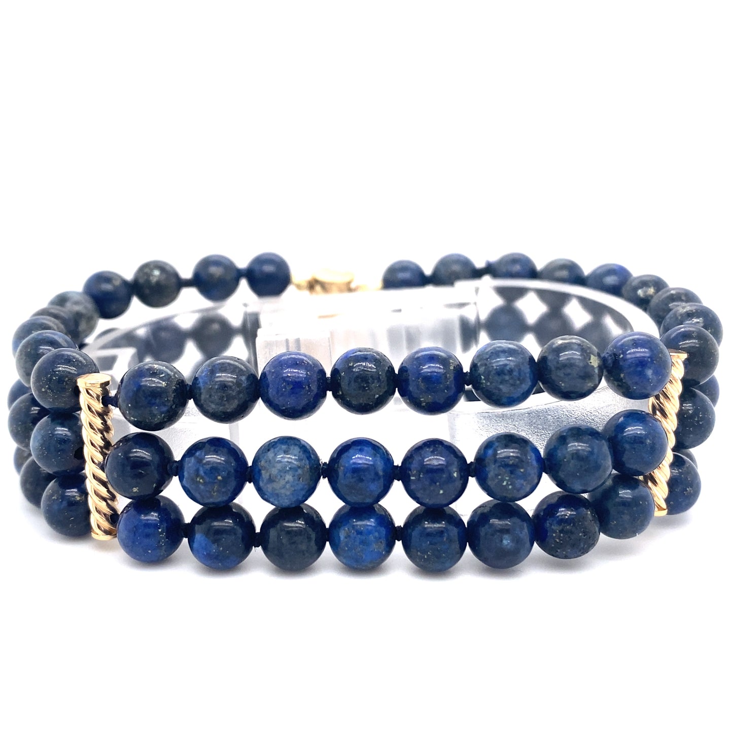 Circa 1980s Three Row Lapis Lazuli Beaded Bracelet in 14K Gold