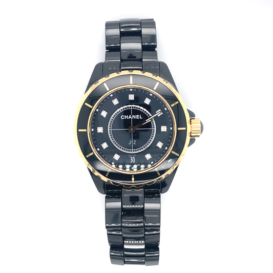 Chanel J12 36mm Wrist Watch with Diamond Indicators and 18K Gold Accents
