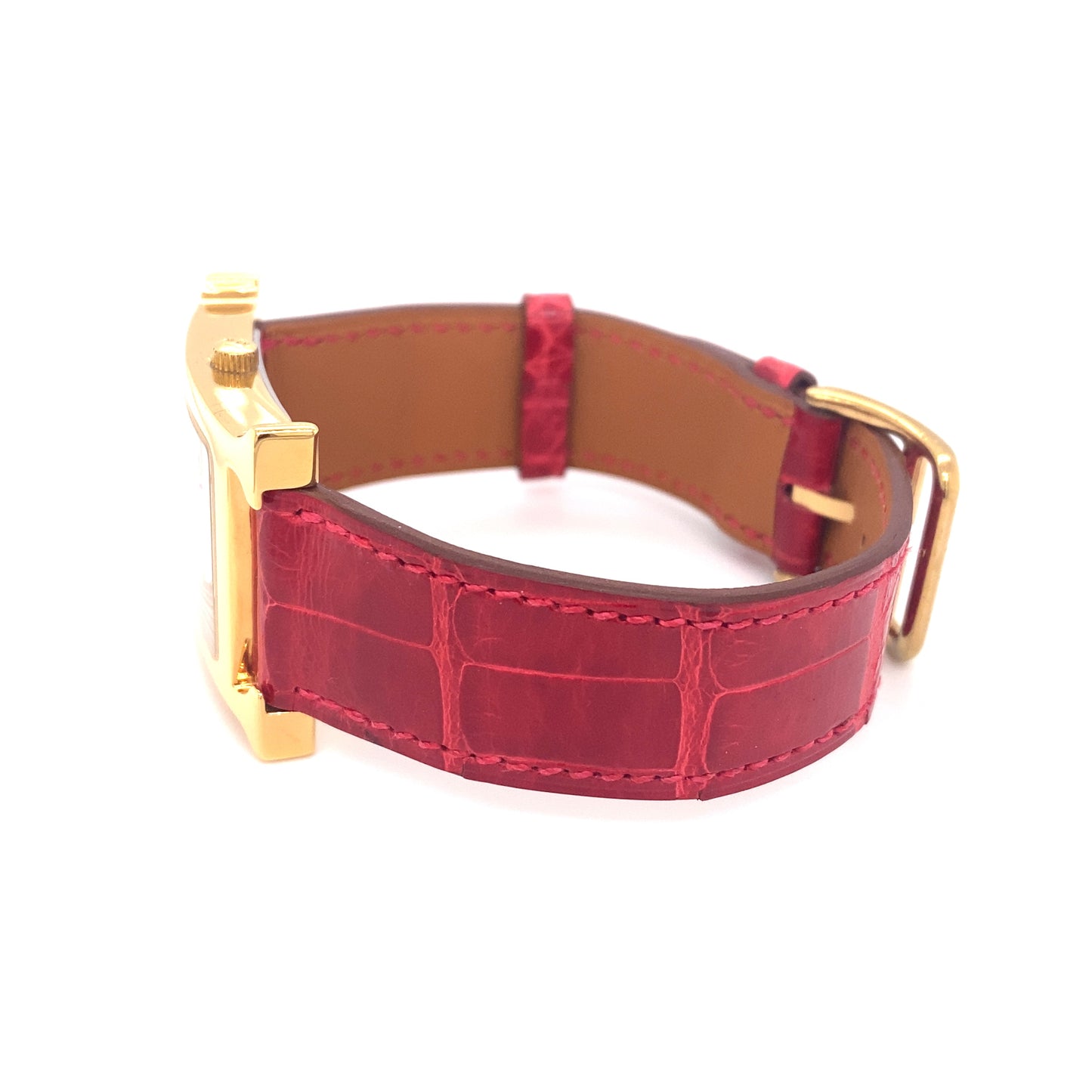 Hermès Heure Womens' Gold Tone Wrist Watch with Red Leather Band
