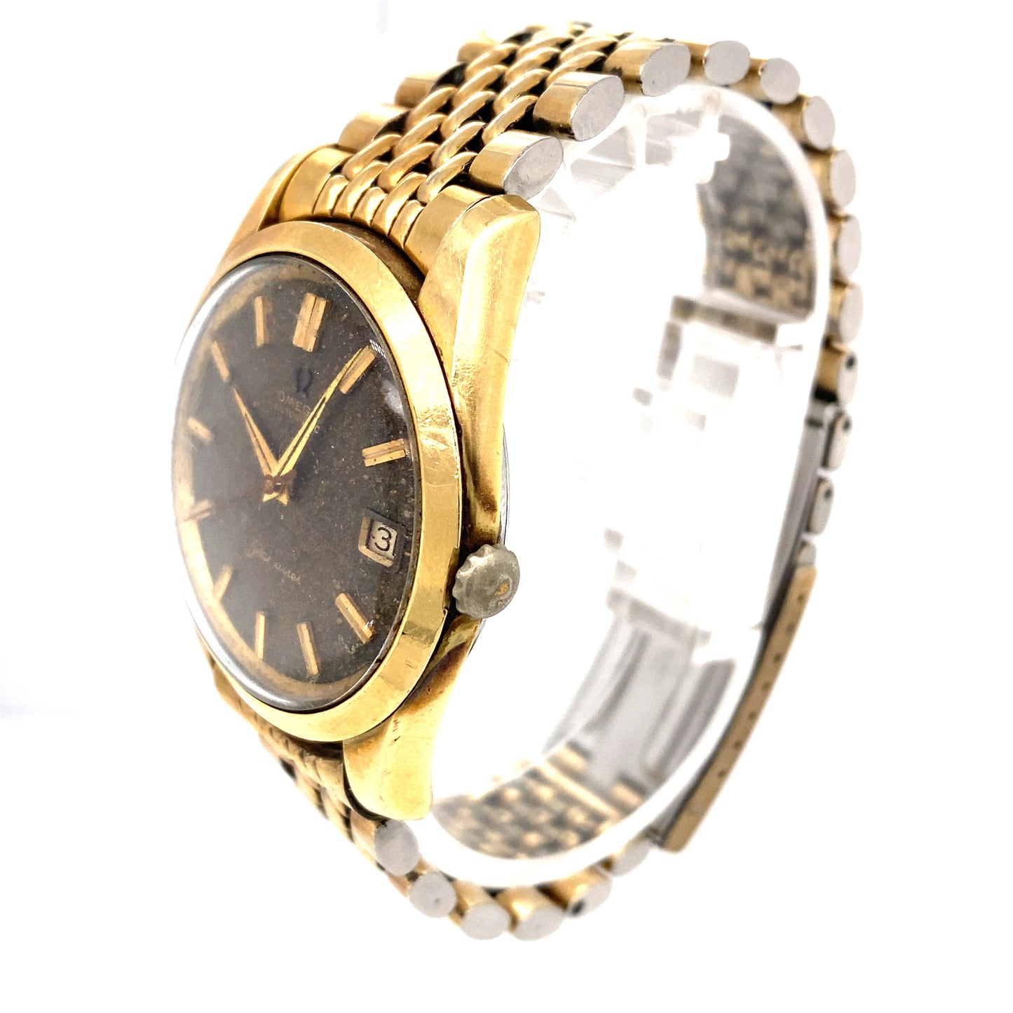 Circa 1960s Omega Seamaster Gold Tone Calendar Wrist Watch with Stardust Dial