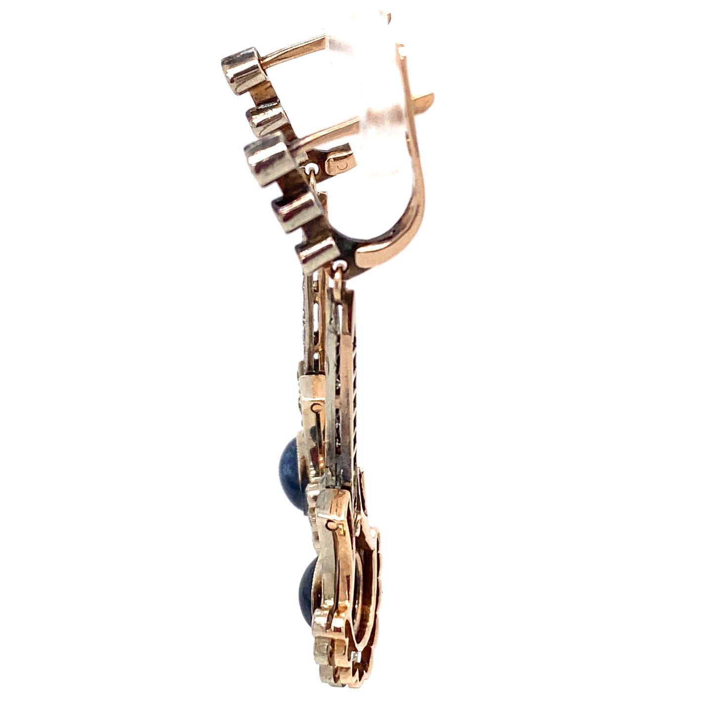 Circa 1940s Art Deco Style Cabochon Sapphire and Diamond Earrings in 14K White Gold, Made in Ukraine